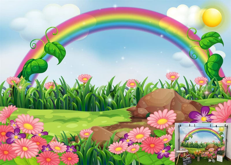 BELECO 7x5ft Fabric Rainbow and Sun Backdrop Enchanting Flowers Garden with Rainbow Cartoon Spring Photography Backdrop for Party Decoration Birthday Kids Boy Girl Baby Shower Photoshoot Photo Props - Image 1